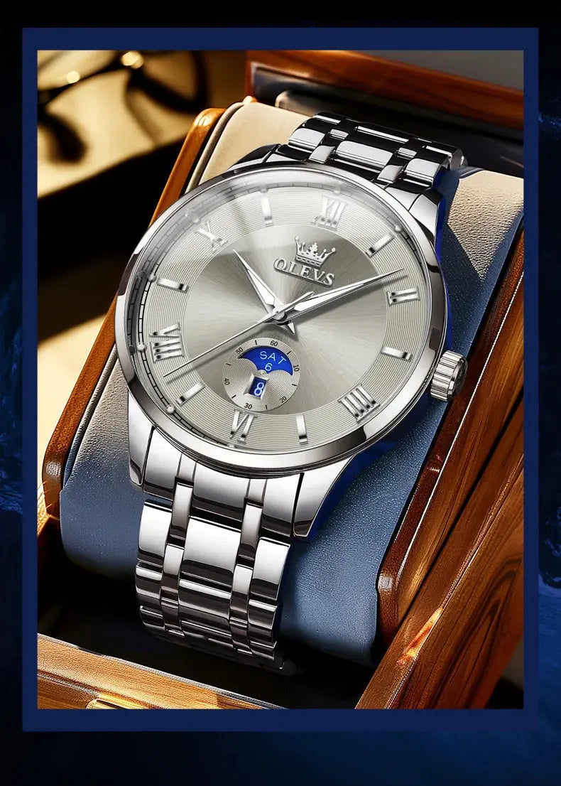OLEVS 3638 Mens Watch Original Quartz Watch Stainless Steel Waterproof Luminous Large Dial Day Date Watches Luxury Men Box Reloj Gola Watches
