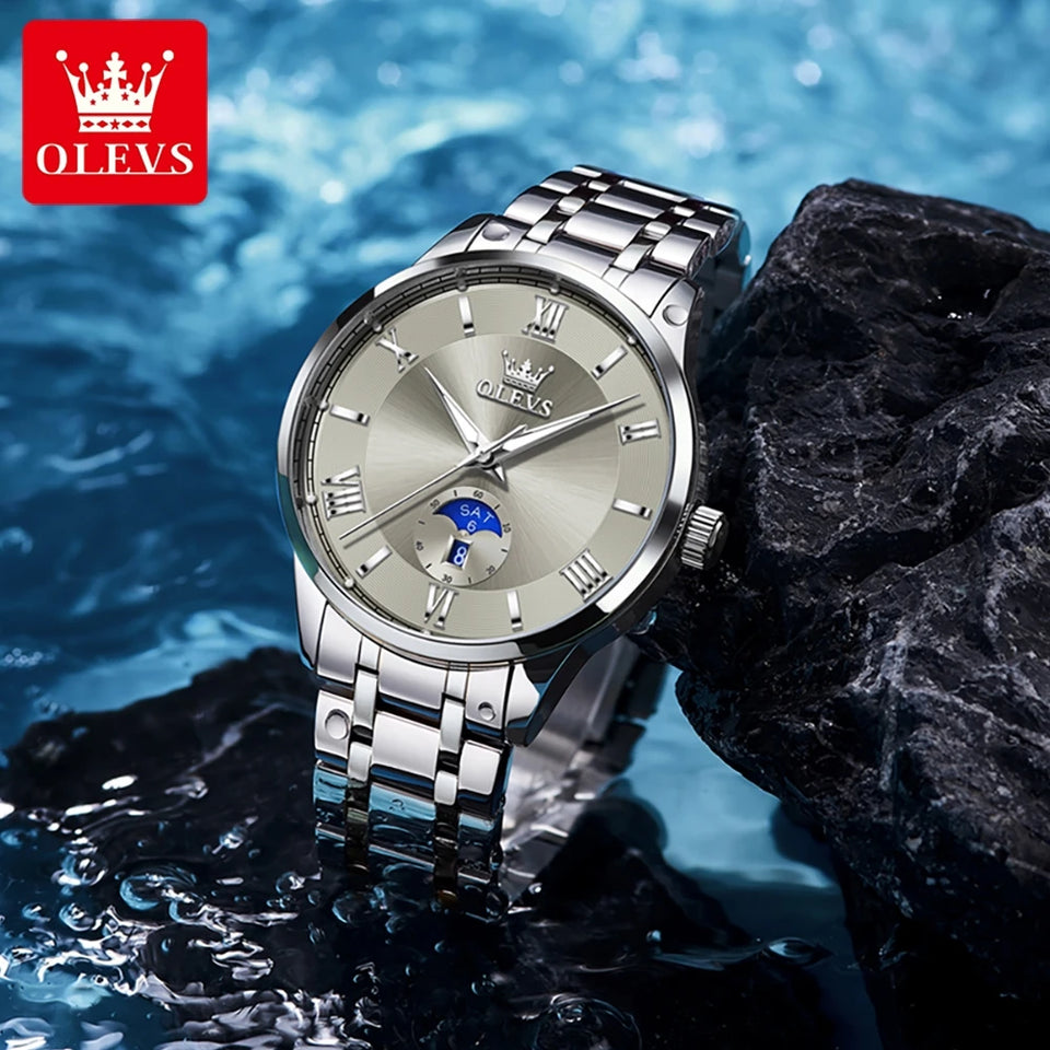 OLEVS 3638 Mens Watch Original Quartz Watch Stainless Steel Waterproof Luminous Large Dial Day Date Watches Luxury Men Box Reloj