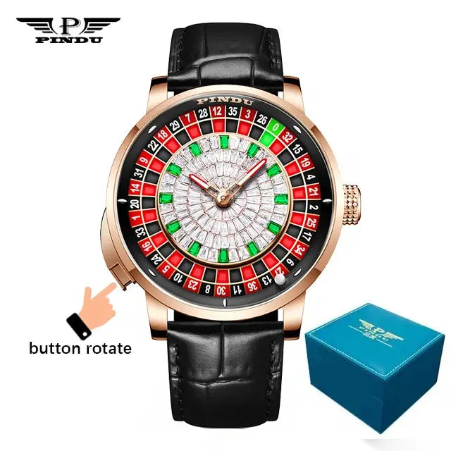 PINDU New Watches European Button Roulette Fun Game Sapphire Glass NH35A Mechanical Watch Diamond Dial Leather Men's Watch P6628 Gola Watches