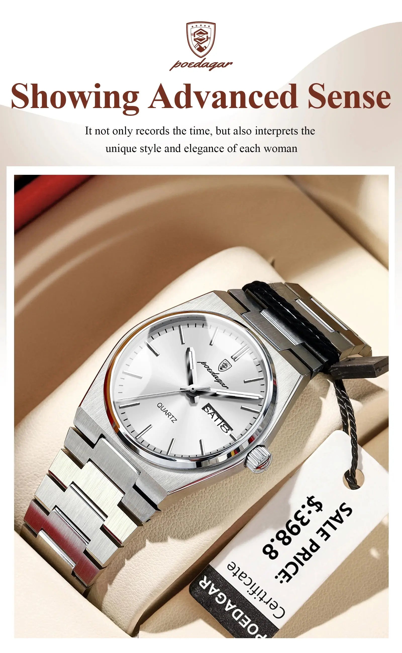 POEDAGAR Original New Woman Watch Stainless Steel Waterproof Luminous Ladies Wristwatch Date Week Elegant Quartz Women's Watches Gola Watches