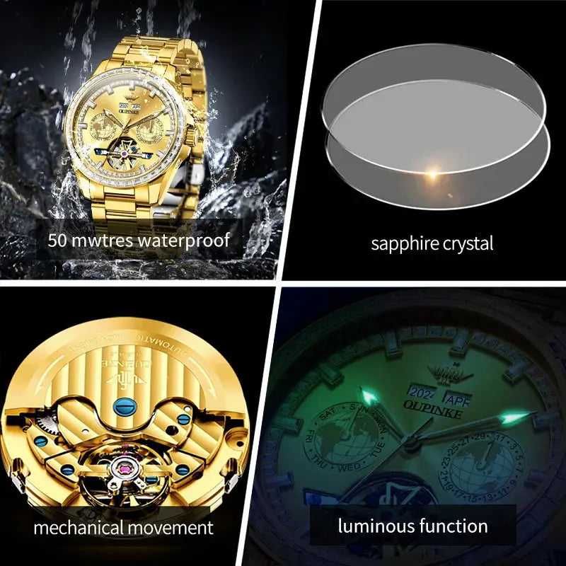 OUPINKE 3280 Men Watch Fashion Business Skeleton Diamond Gold Watch Brand Original Men All Automatic Mechanical Watch High Gift Gola Watches