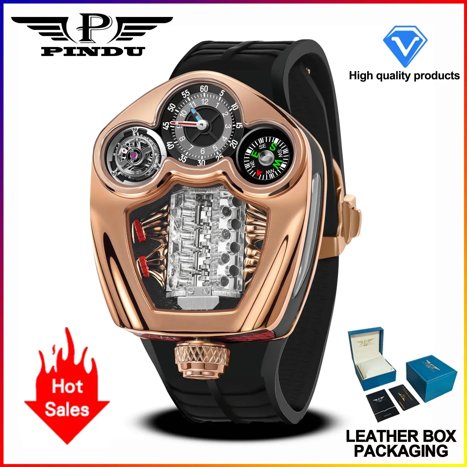NEW PINDU Design Engine Series Quartz Watch Men Stainless steel Compass Waterproof TOP-luxurious Swiss quartz 762 movement watch Gola Watches
