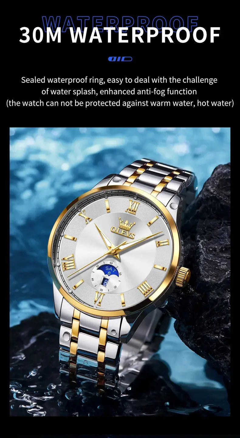 OLEVS 3638 Mens Watch Original Quartz Watch Stainless Steel Waterproof Luminous Large Dial Day Date Watches Luxury Men Box Reloj Gola Watches
