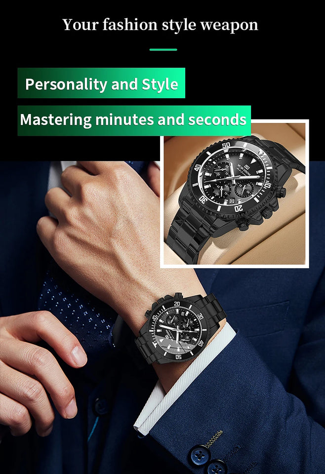 VA VA VOOM Brand Top Men Watch 1Pc Multifunctional Fashionable Timing Dial Green Gold Stainless Steel 3Bar Timing Watch for Men