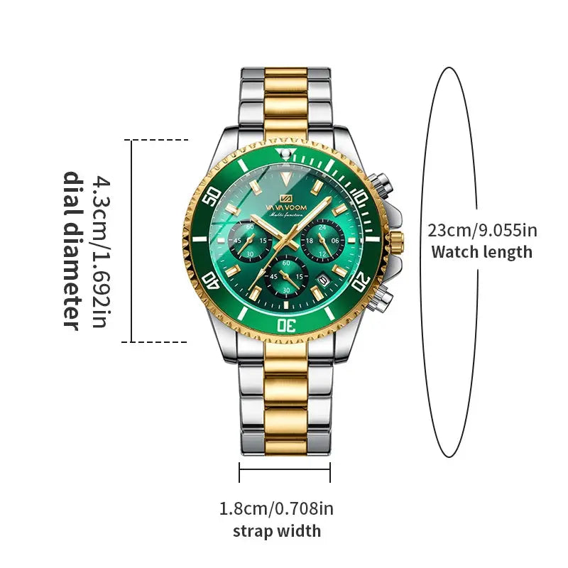 VA VA VOOM Brand Top Men Watch 1Pc Multifunctional Fashionable Timing Dial Green Gold Stainless Steel 3Bar Timing Watch for Men Gola Watches