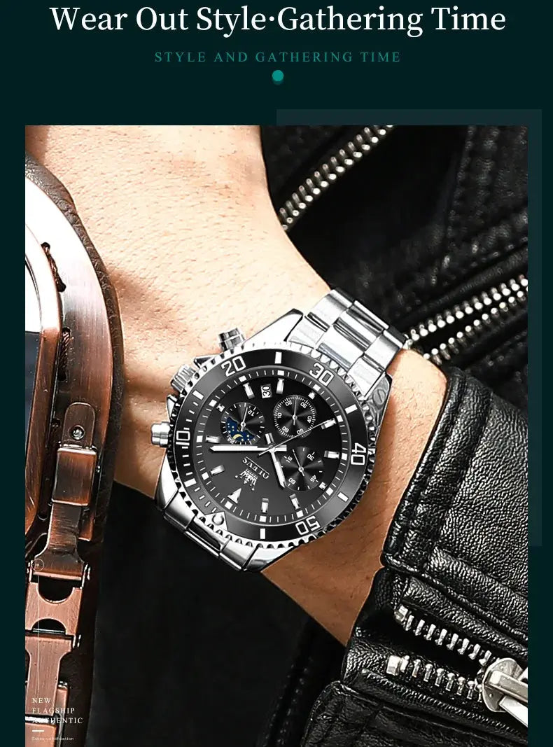 OLEVS 2870 Men's Watches Moon phase Steel Calendar Chronograph Original Quartz Watch Big Rota Dial Luxury Sports Wristwatches Gola Watches