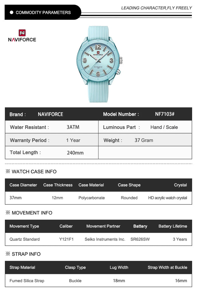 NAVIFORCE Women's Waterproof Watch Fashion Casual Luminous Display Quartz Wristwatch with Silicone Band Reloj Mujer High Quality