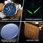 POEDAGAR Genuine Leather Men's Watch Fashion Luminous Calendar Stopwatch Male Clock Waterproof Moon Phase Quartz Wristwatch Man Gola Watches