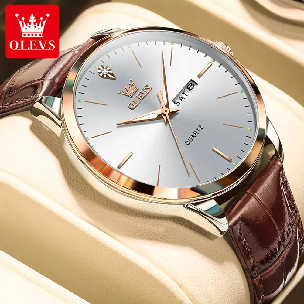 OLEVS Men's Watch Brand Business Waterproof Luminous Week Date Quartz Watch Fashion Leather Strap Classic Luxury Men's Watch Gola Watches