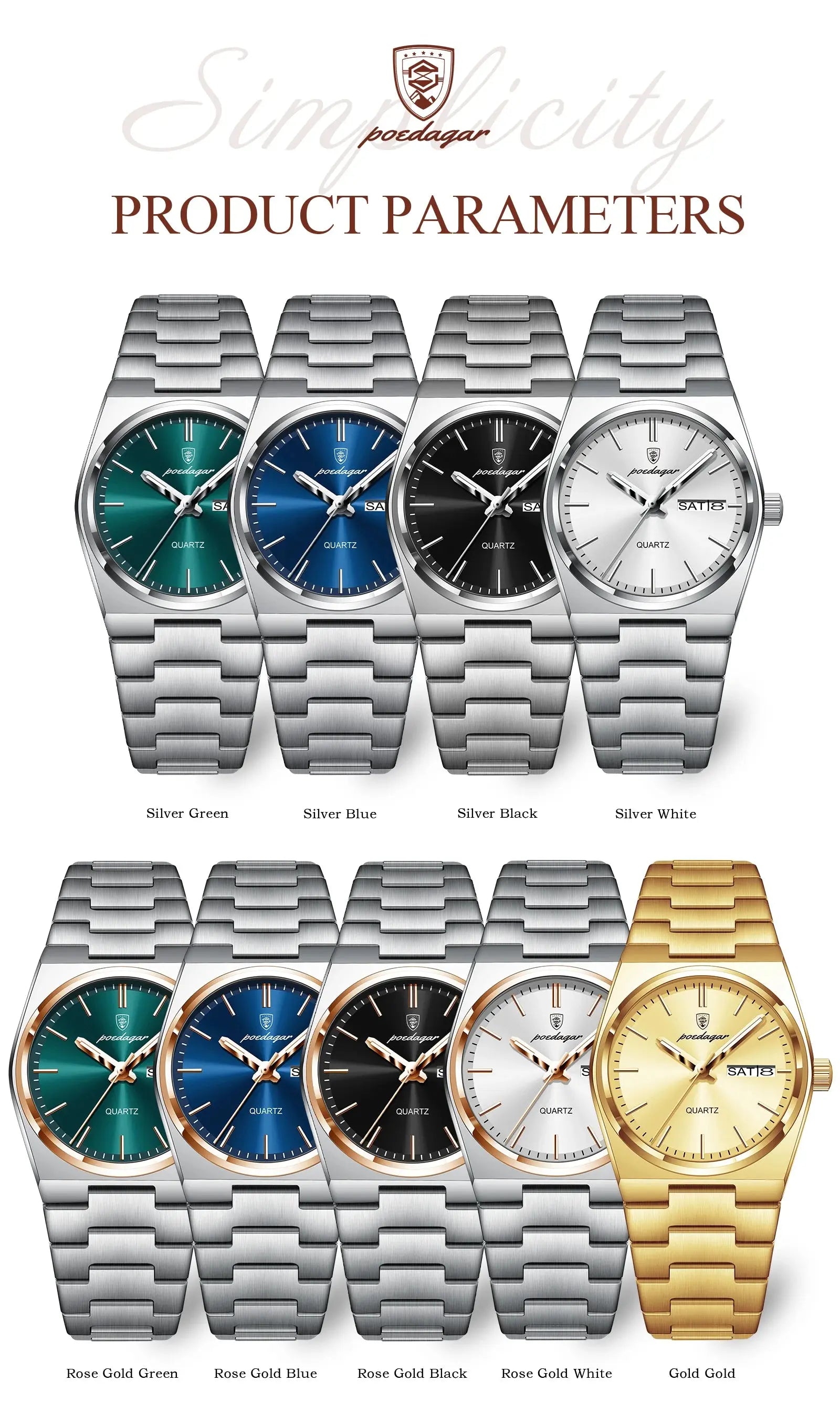 POEDAGAR Original New Woman Watch Stainless Steel Waterproof Luminous Ladies Wristwatch Date Week Elegant Quartz Women's Watches Gola Watches