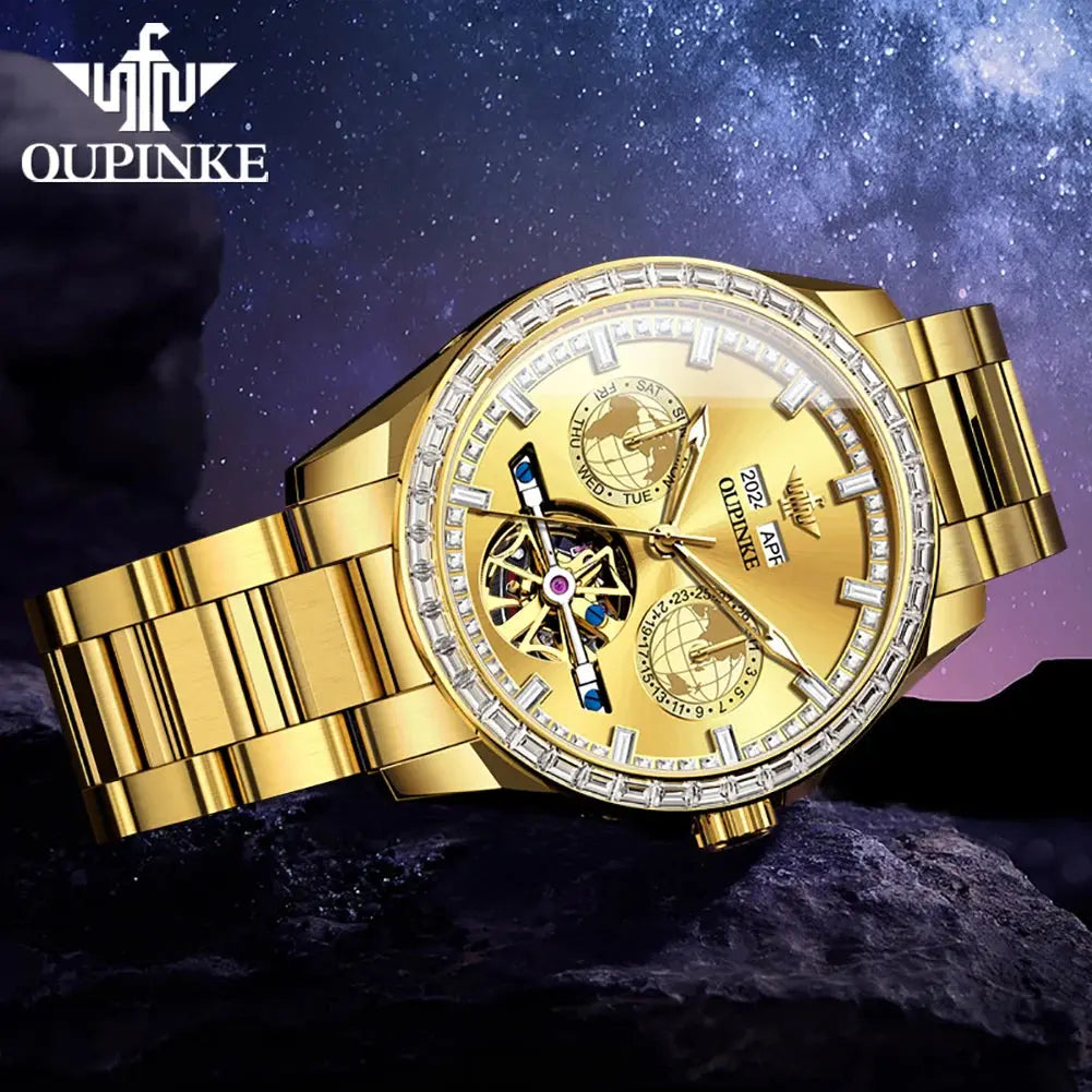 OUPINKE 3280 Men Watch Fashion Business Skeleton Diamond Gold Watch Brand Original Men All Automatic Mechanical Watch High Gift Gola Watches