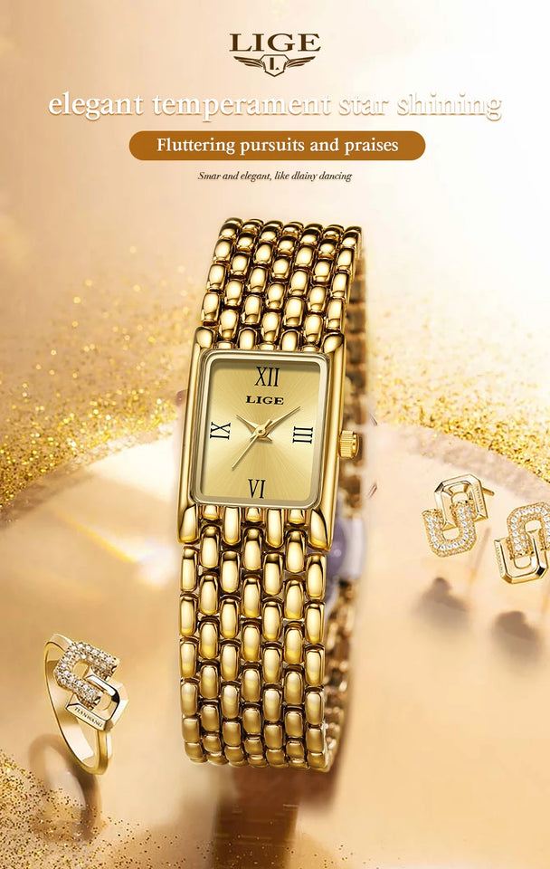 LIGE 2025 New Gold Women's Watch Luxury Quartz Watch Stainless Steel Bracelet Retro Fashion 30M Waterproof Watch for Women reloj