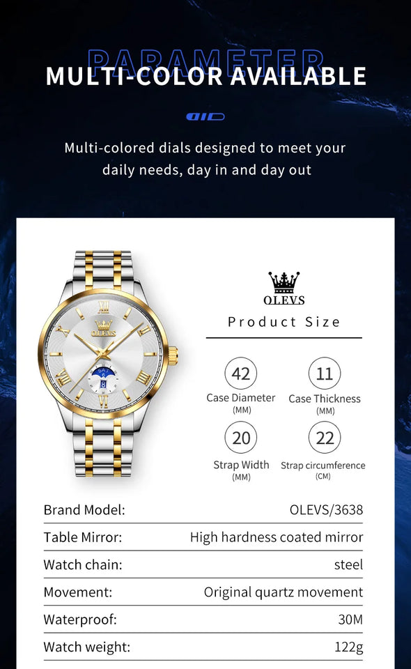 OLEVS 3638 Mens Watch Original Quartz Watch Stainless Steel Waterproof Luminous Large Dial Day Date Watches Luxury Men Box Reloj