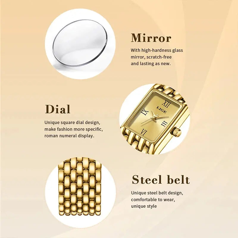 LIGE 2025 New Gold Women's Watch Luxury Quartz Watch Stainless Steel Bracelet Retro Fashion 30M Waterproof Watch for Women reloj Gola Watches