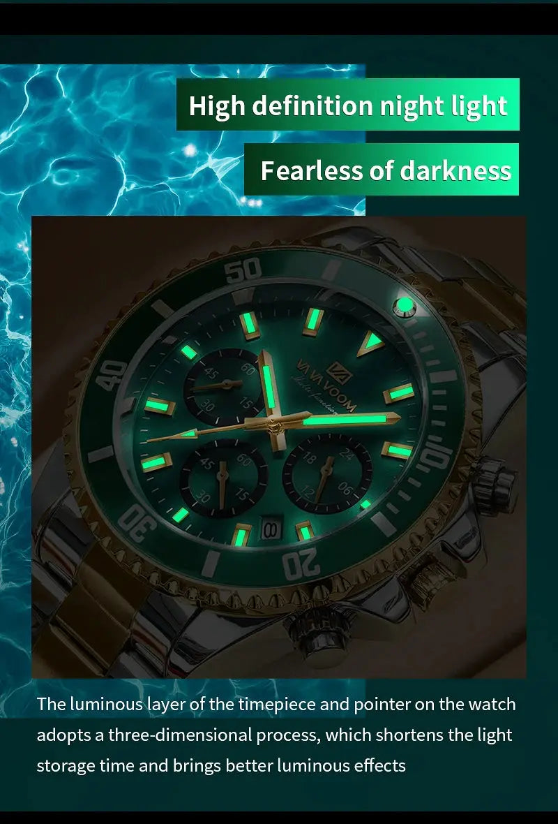 VA VA VOOM Brand Top Men Watch 1Pc Multifunctional Fashionable Timing Dial Green Gold Stainless Steel 3Bar Timing Watch for Men Gola Watches