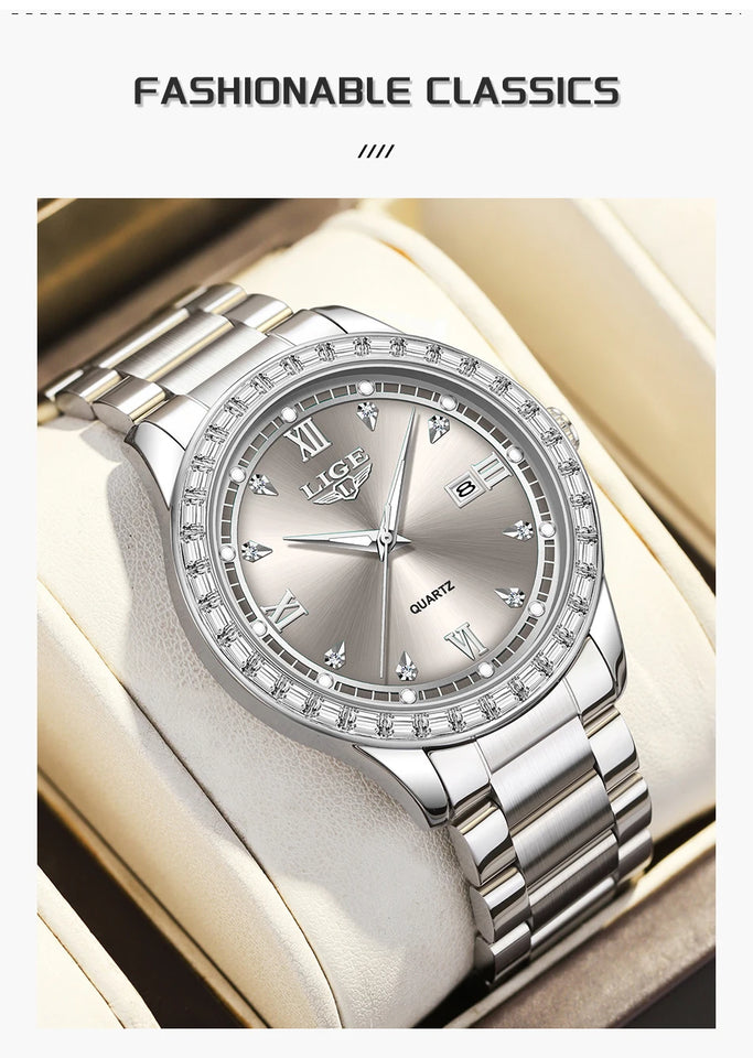 LIGE elegant women's watch Fashion waterproof clock luminous stainless steel business quartz watch for Women reloj de mujer+BOX