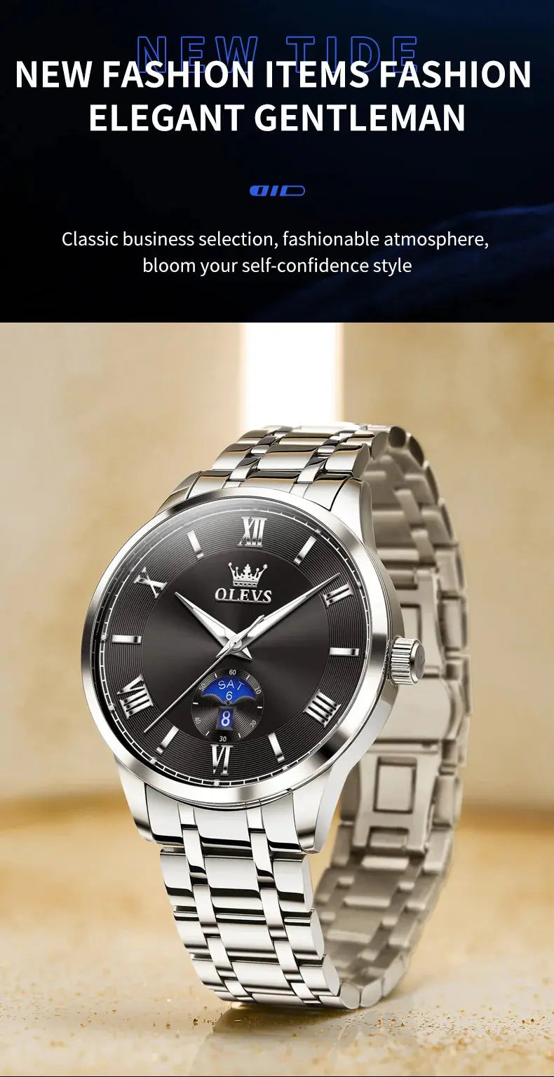 OLEVS 3638 Mens Watch Original Quartz Watch Stainless Steel Waterproof Luminous Large Dial Day Date Watches Luxury Men Box Reloj Gola Watches