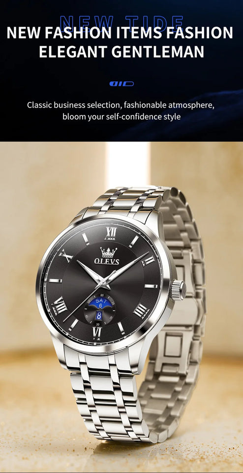 OLEVS 3638 Mens Watch Original Quartz Watch Stainless Steel Waterproof Luminous Large Dial Day Date Watches Luxury Men Box Reloj