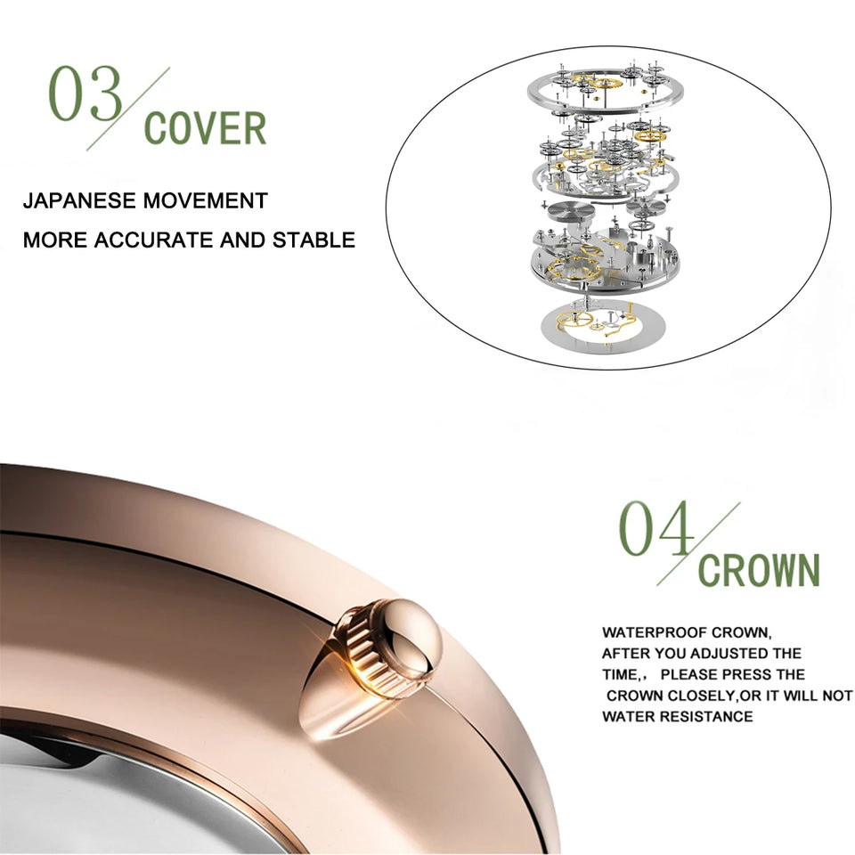 2023 New Women Bracelet Watch 1 Set Japan Quartz Movement Simple Rose Gold Stainless Steel Mesh Student Watches Relogio Feminino