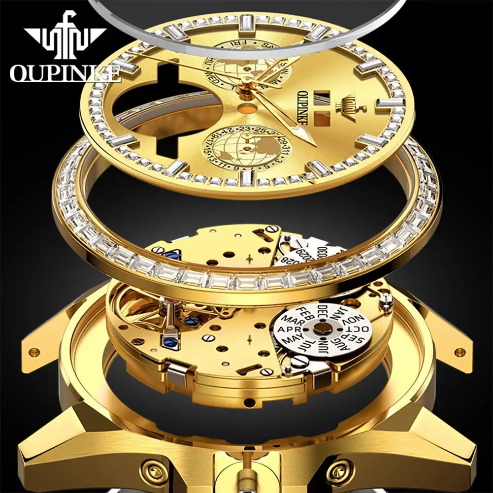 OUPINKE 3280 Men Watch Fashion Business Skeleton Diamond Gold Watch Brand Original Men All Automatic Mechanical Watch High Gift Gola Watches