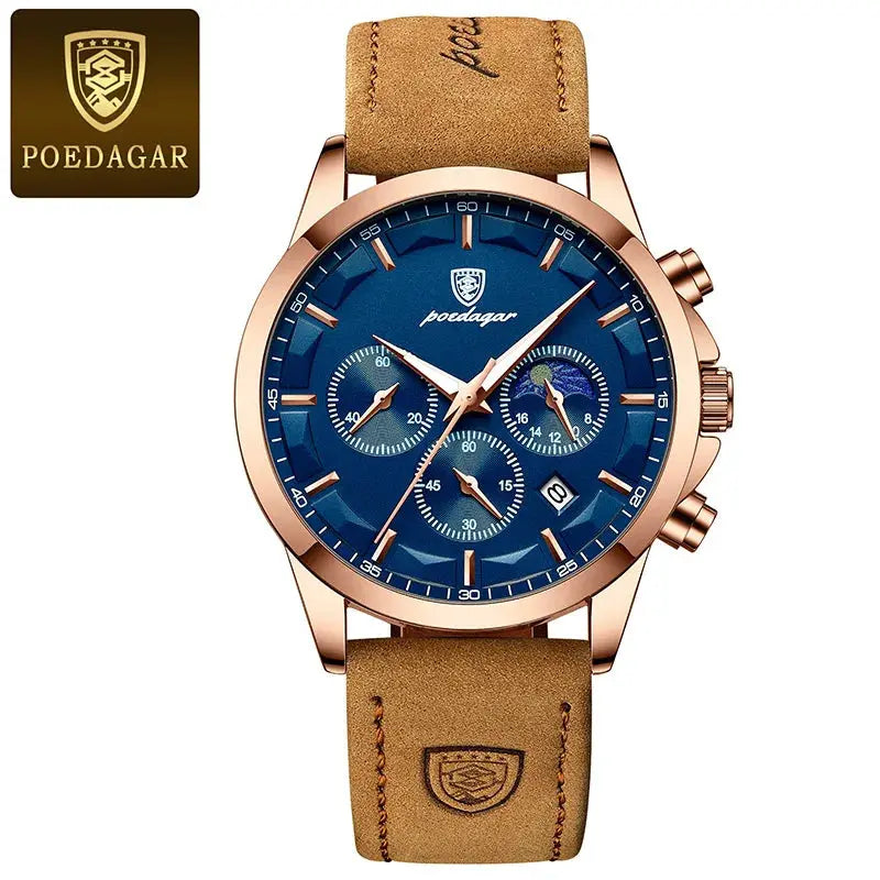 POEDAGAR Genuine Leather Men's Watch Fashion Luminous Calendar Stopwatch Male Clock Waterproof Moon Phase Quartz Wristwatch Man Gola Watches