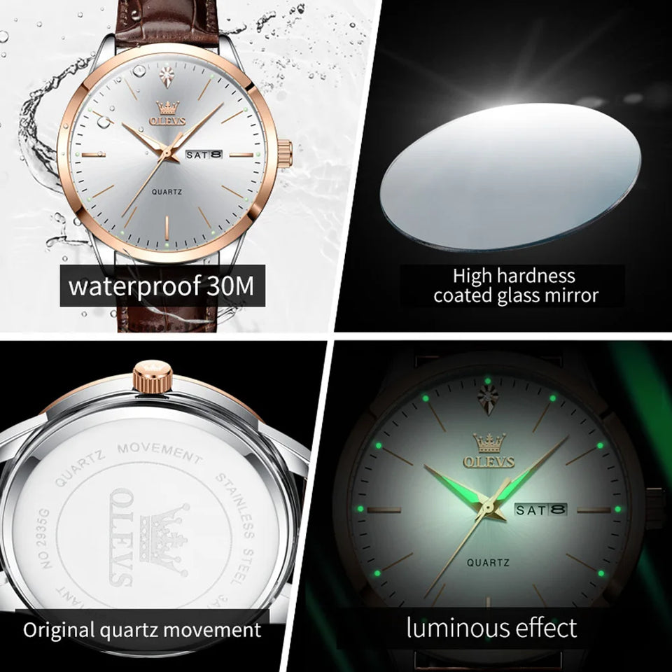 OLEVS Men's Watch Brand Business Waterproof Luminous Week Date Quartz Watch Fashion Leather Strap Classic Luxury Men's Watch