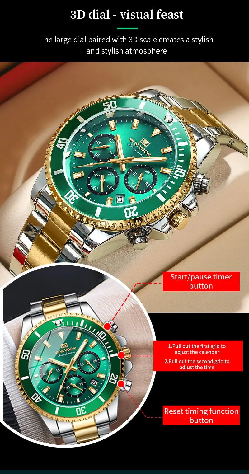 VA VA VOOM Brand Top Men Watch 1Pc Multifunctional Fashionable Timing Dial Green Gold Stainless Steel 3Bar Timing Watch for Men Gola Watches