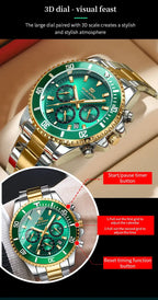 VA VA VOOM Brand Top Men Watch 1Pc Multifunctional Fashionable Timing Dial Green Gold Stainless Steel 3Bar Timing Watch for Men Gola Watches