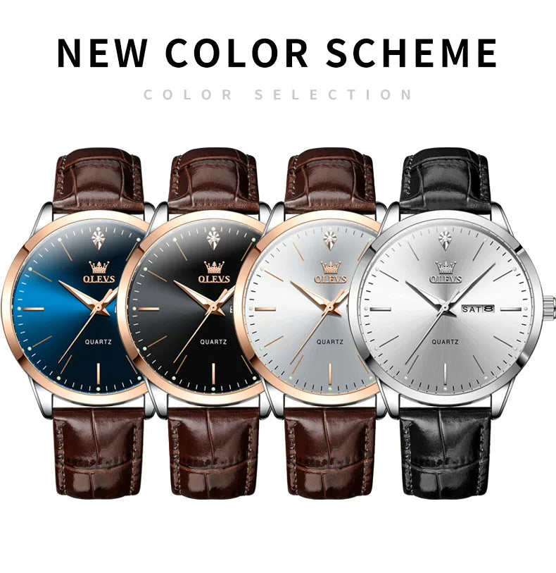 OLEVS Men's Watch Brand Business Waterproof Luminous Week Date Quartz Watch Fashion Leather Strap Classic Luxury Men's Watch