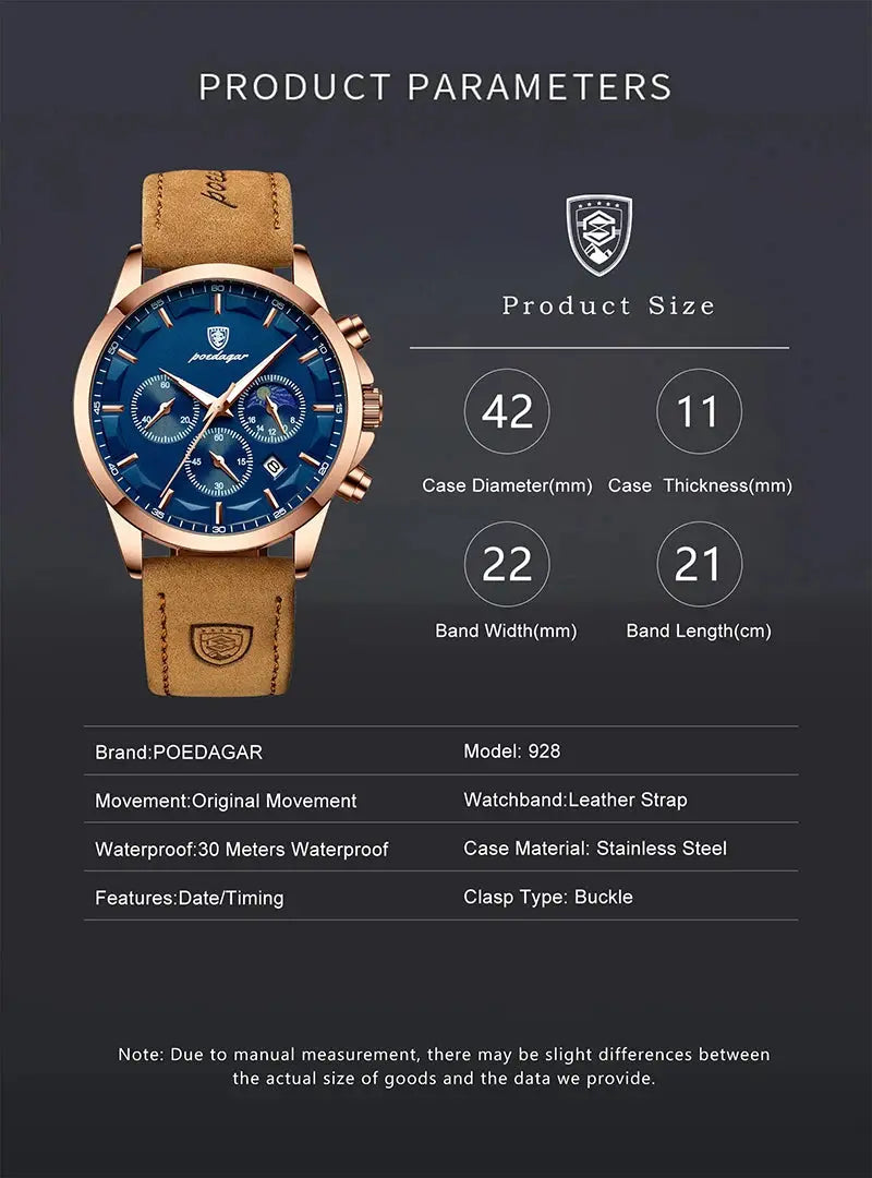 POEDAGAR Genuine Leather Men's Watch Fashion Luminous Calendar Stopwatch Male Clock Waterproof Moon Phase Quartz Wristwatch Man Gola Watches