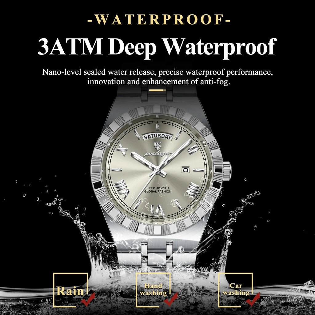 POEDAGAR Luxury Fashion Man Wristwatch Week Date Waterproof Luminous Men's Clock Stainless Steel Quartz Business Watches For Men Gola Watches