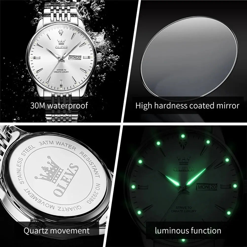 OLEVS 2929 Men Quartz Watch Original Waterproof Business Man Wristwatch Steel Strap Dual Calendar Luminous Fashion Watch For Men Gola Watches
