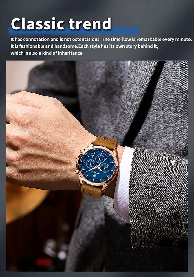 POEDAGAR Genuine Leather Men's Watch Fashion Luminous Calendar Stopwatch Male Clock Waterproof Moon Phase Quartz Wristwatch Man