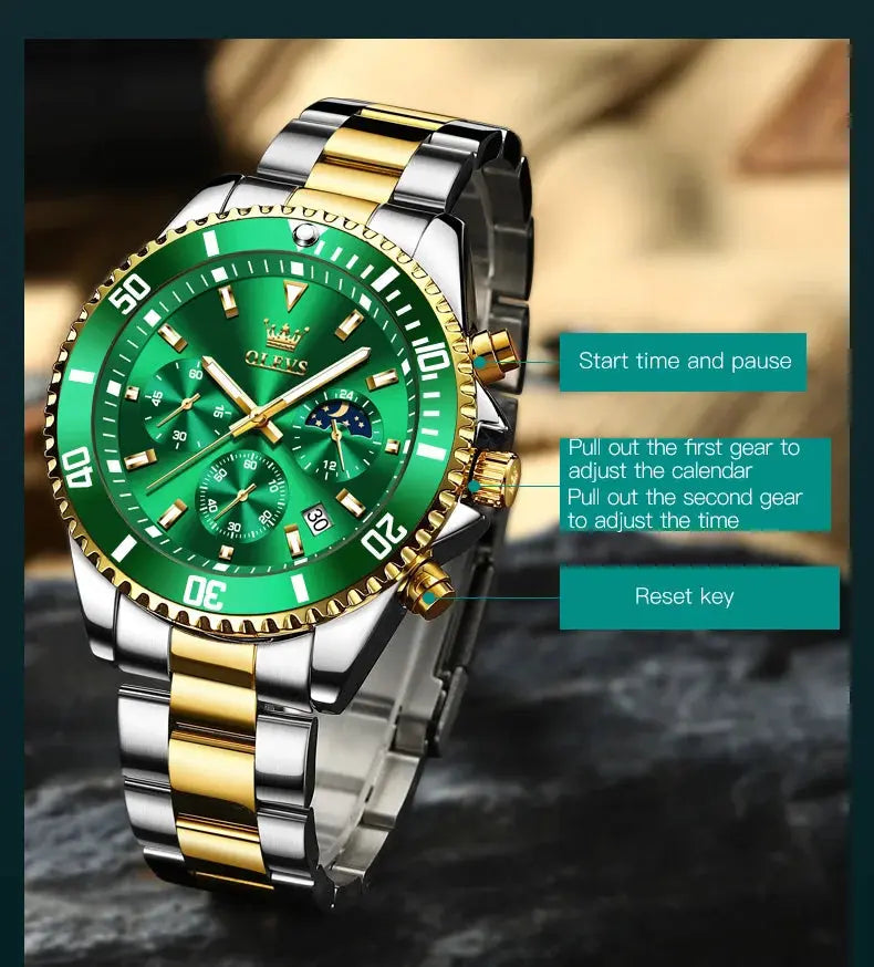 OLEVS 2870 Men's Watches Moon phase Steel Calendar Chronograph Original Quartz Watch Big Rota Dial Luxury Sports Wristwatches Gola Watches