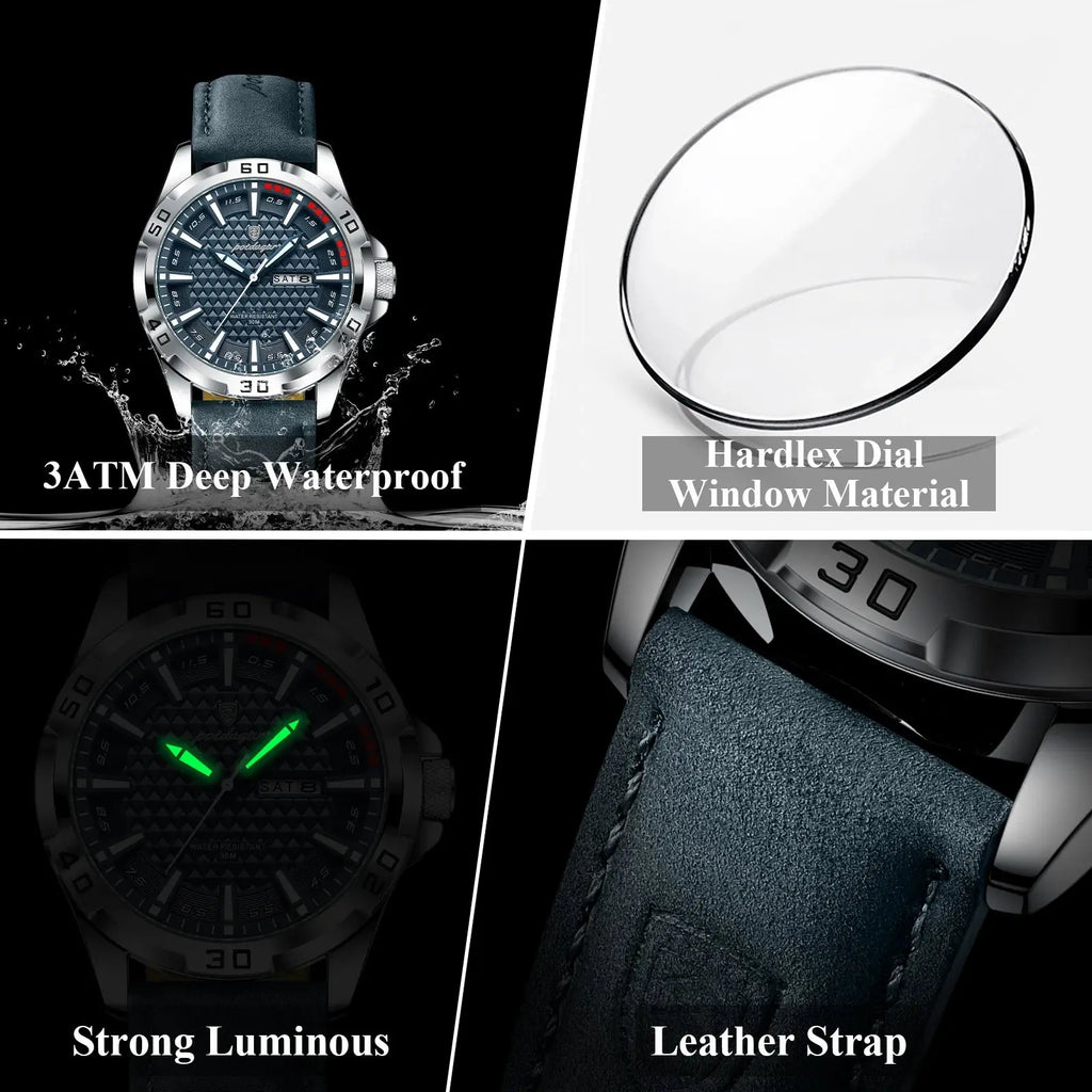 POEDAGAR Original Man Wristwatch Top Luxury Waterproof Luminous Date Week Watch For Men Quartz Sport Leather Men's Watches Reloj Gola Watches