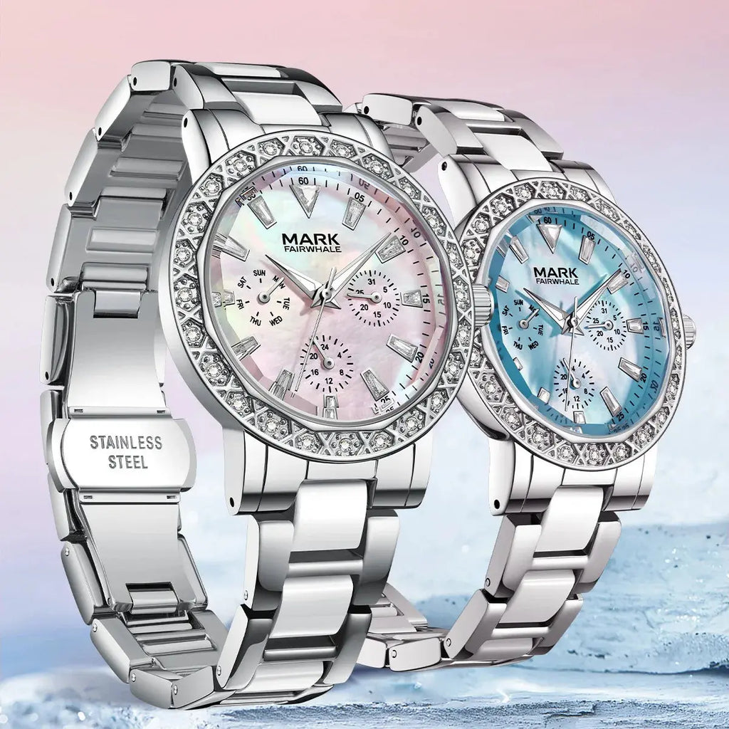 Mark Fairwhale Dress Pink Diamond Watch For Women Fashion Ceramic Chain Quartz Watch Luxury Brilliant Beimu Wristwatch Ladies Gola Watches