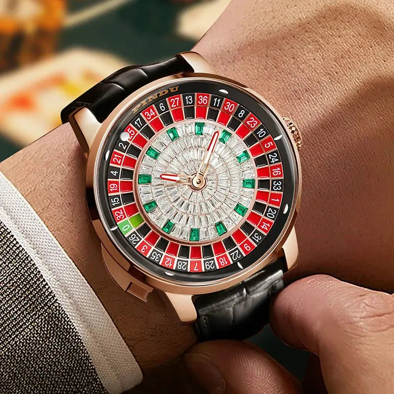 PINDU New Watches European Button Roulette Fun Game Sapphire Glass NH35A Mechanical Watch Diamond Dial Leather Men's Watch P6628 Gola Watches