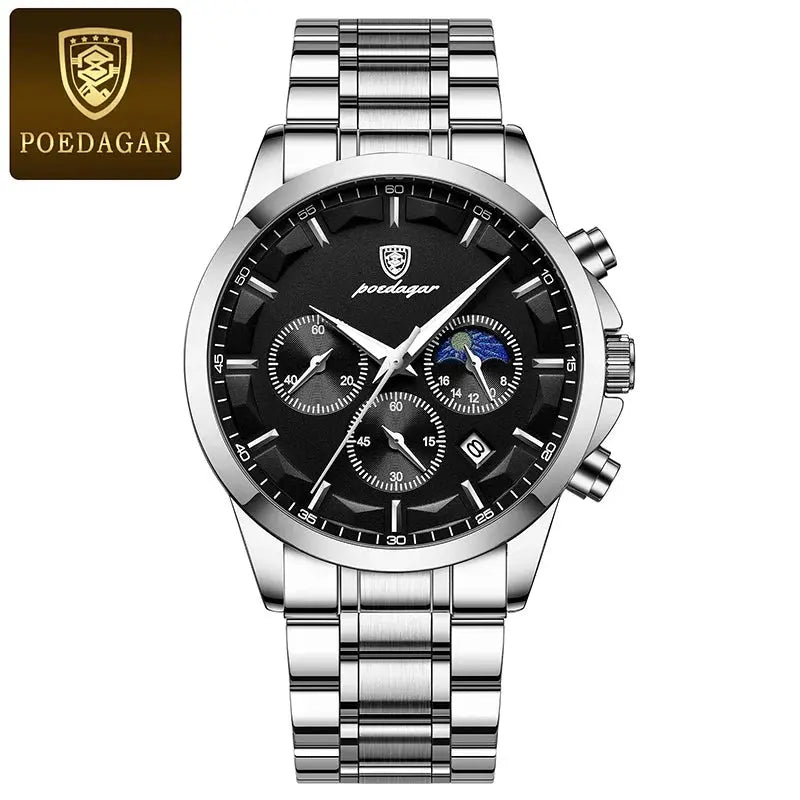 POEDAGAR Genuine Leather Men's Watch Fashion Luminous Calendar Stopwatch Male Clock Waterproof Moon Phase Quartz Wristwatch Man Gola Watches