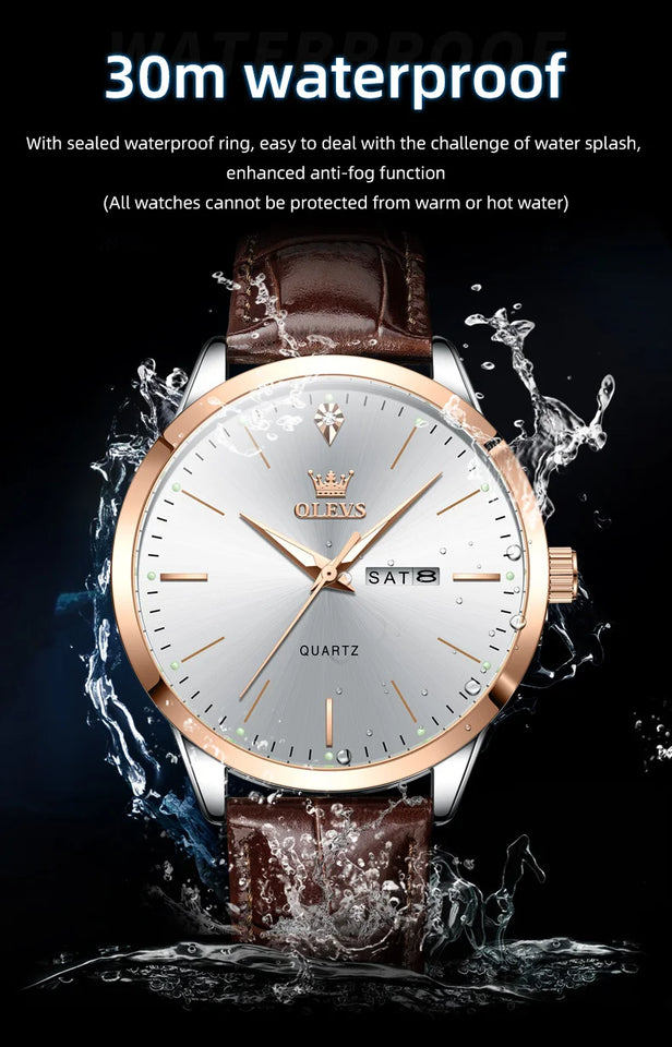 OLEVS Men's Watch Brand Business Waterproof Luminous Week Date Quartz Watch Fashion Leather Strap Classic Luxury Men's Watch