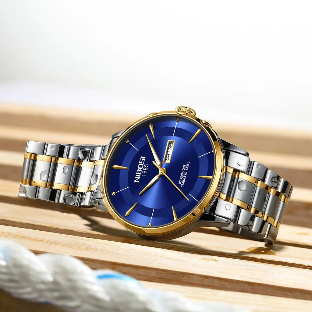 2025 New Men Watch Stainless Steel Business Style Luxury Rhinestone 43mm Blue Gold Quartz Movement Wristwatch Relogios Masculino Gola Watches