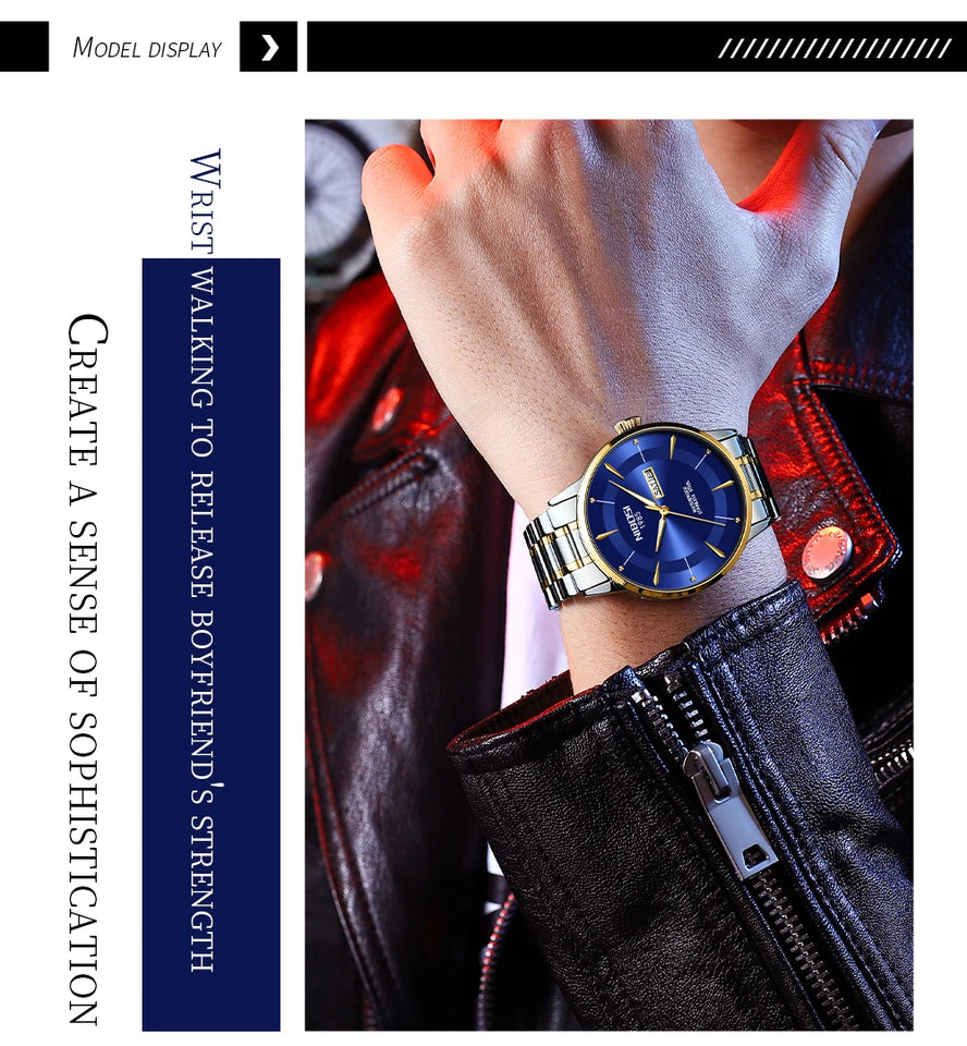 2025 New Men Watch Stainless Steel Business Style Luxury Rhinestone 43mm Blue Gold Quartz Movement Wristwatch Relogios Masculino