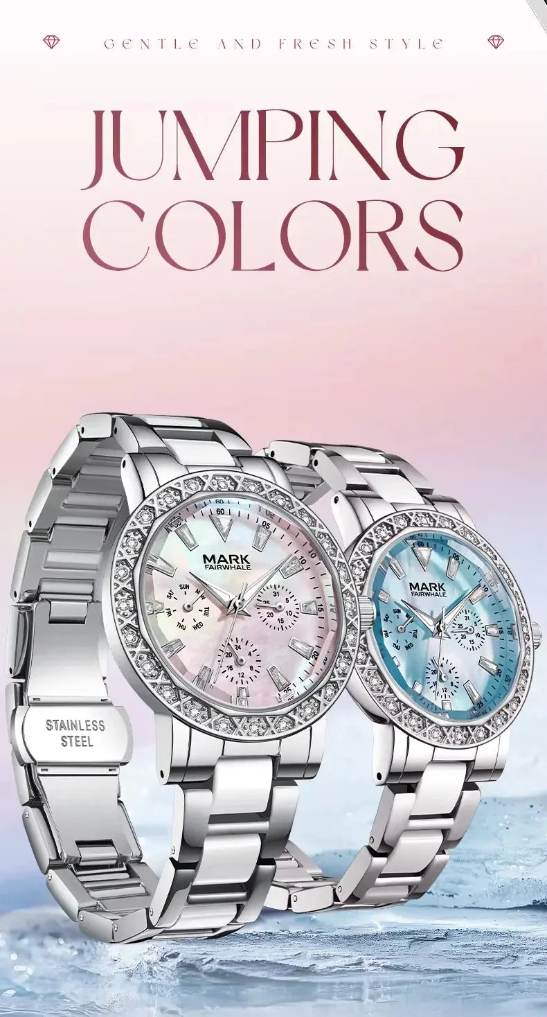 Mark Fairwhale Dress Pink Diamond Watch For Women Fashion Ceramic Chain Quartz Watch Luxury Brilliant Beimu Wristwatch Ladies Gola Watches