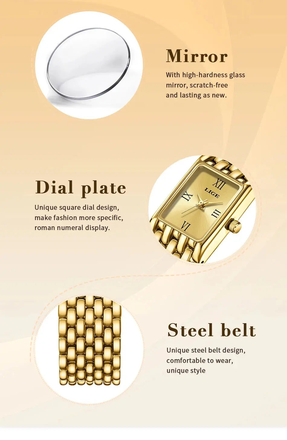 LIGE 2025 New Gold Women's Watch Luxury Quartz Watch Stainless Steel Bracelet Retro Fashion 30M Waterproof Watch for Women reloj Gola Watches