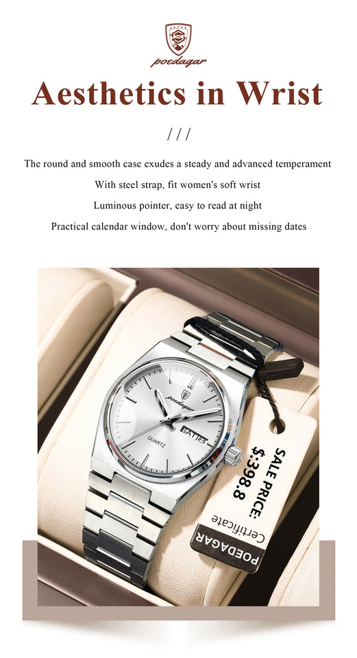 POEDAGAR Original New Woman Watch Stainless Steel Waterproof Luminous Ladies Wristwatch Date Week Elegant Quartz Women's Watches
