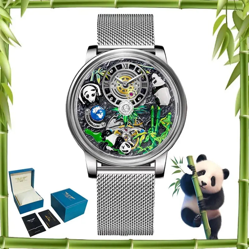 2025 PINDU New Panda Series National Treasure Symbol Men Mechanical Watch Rotating Crystal Ball 45.5MM Wristwatches Men M2791B Gola Watches