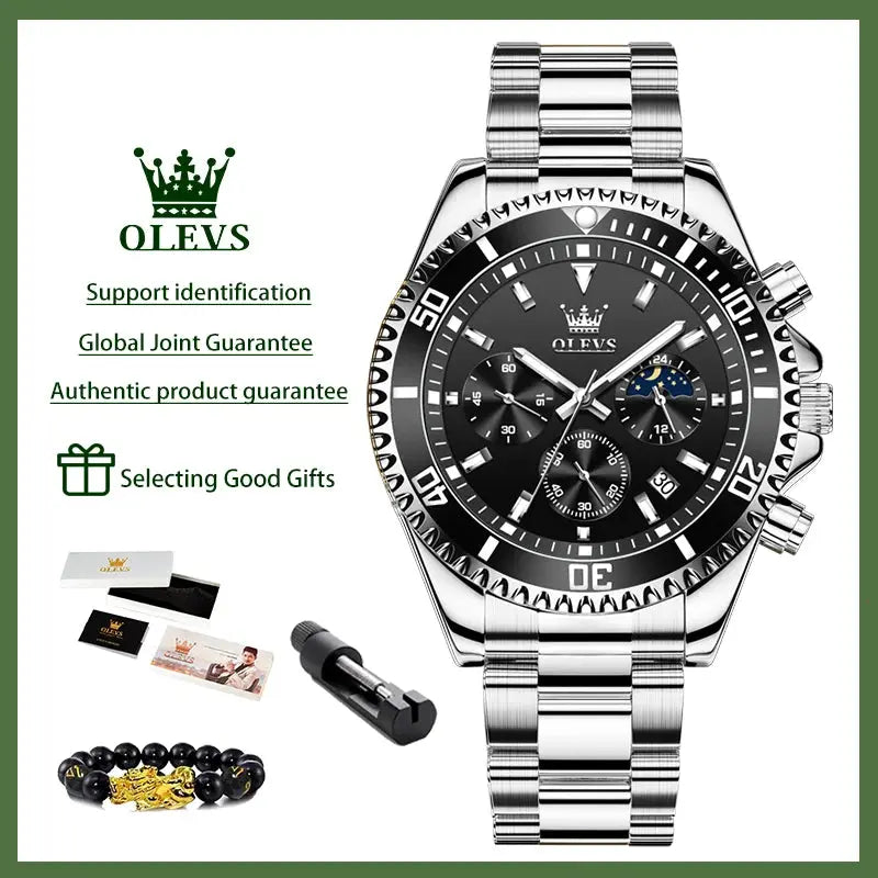 OLEVS 2870 Men's Watches Moon phase Steel Calendar Chronograph Original Quartz Watch Big Rota Dial Luxury Sports Wristwatches Gola Watches