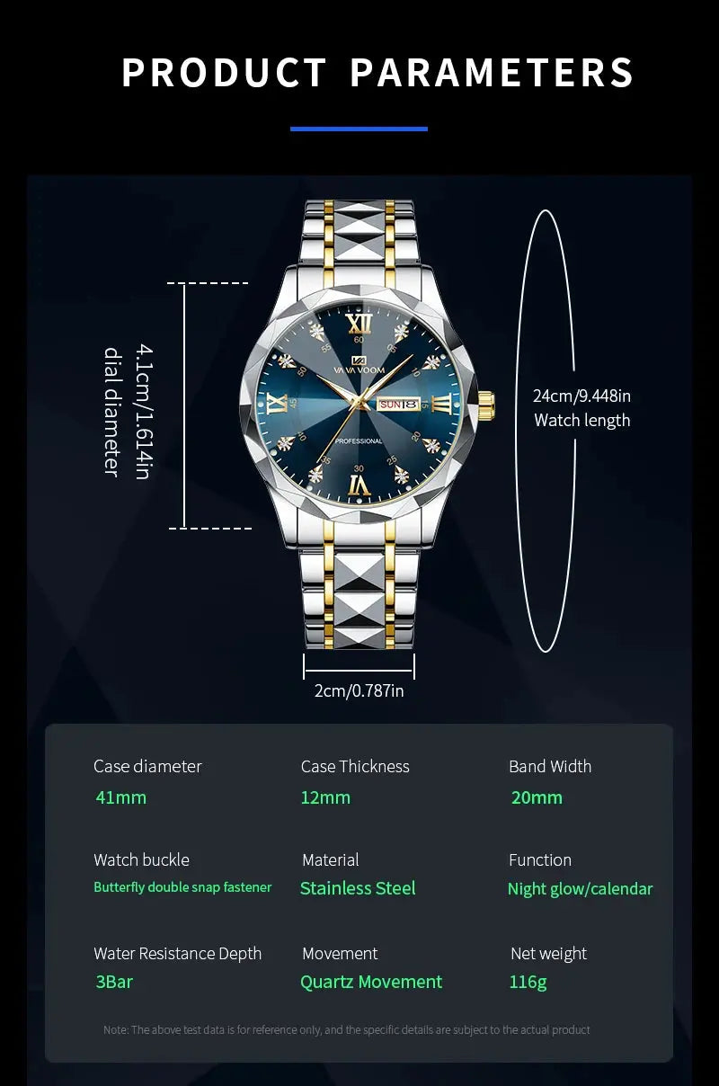 Men Watch Water Diamond Luxury Night Glow Double Calendar Quartz Movement 41mm Blue Gold Stainless Steel Fashion Business Watch Gola Watches