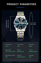Men Watch Water Diamond Luxury Night Glow Double Calendar Quartz Movement 41mm Blue Gold Stainless Steel Fashion Business Watch Gola Watches