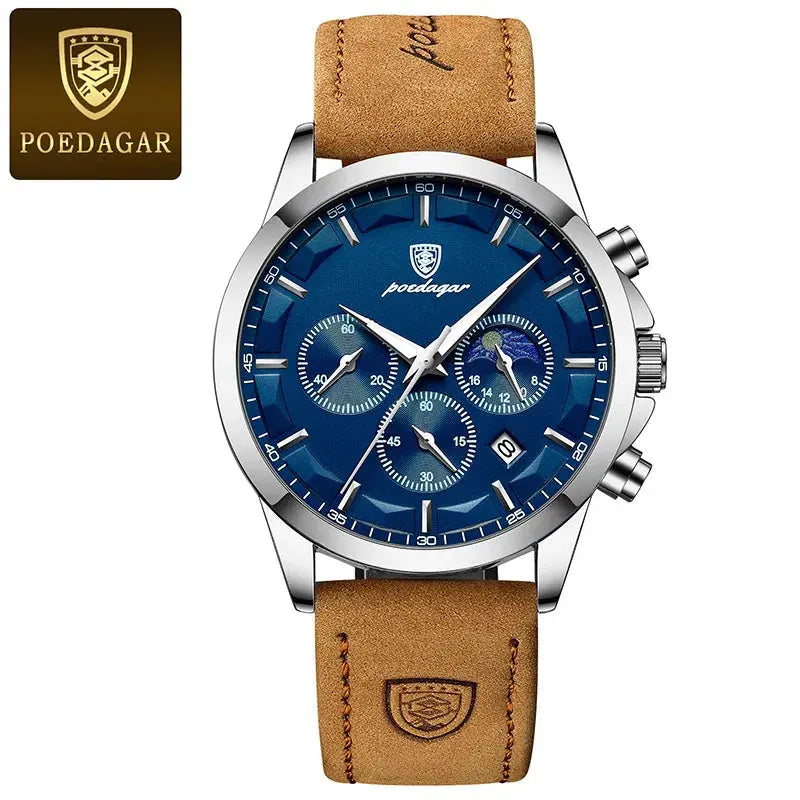 POEDAGAR Genuine Leather Men's Watch Fashion Luminous Calendar Stopwatch Male Clock Waterproof Moon Phase Quartz Wristwatch Man Gola Watches