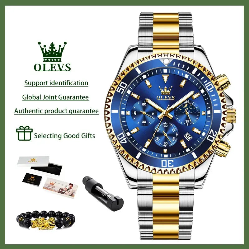 OLEVS 2870 Men's Watches Moon phase Steel Calendar Chronograph Original Quartz Watch Big Rota Dial Luxury Sports Wristwatches Gola Watches